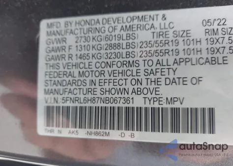 2022 Honda Odyssey Touring from USA, damaged, VIN 5FNRL6H87NB067361